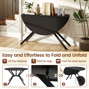 Folding Dining Table 47 Inch Extendable Round Kitchen Table with Drop Leaves-Black
