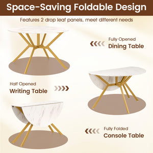 Folding Dining Table 47 Inch Extendable Round Kitchen Table with Drop Leaves-White