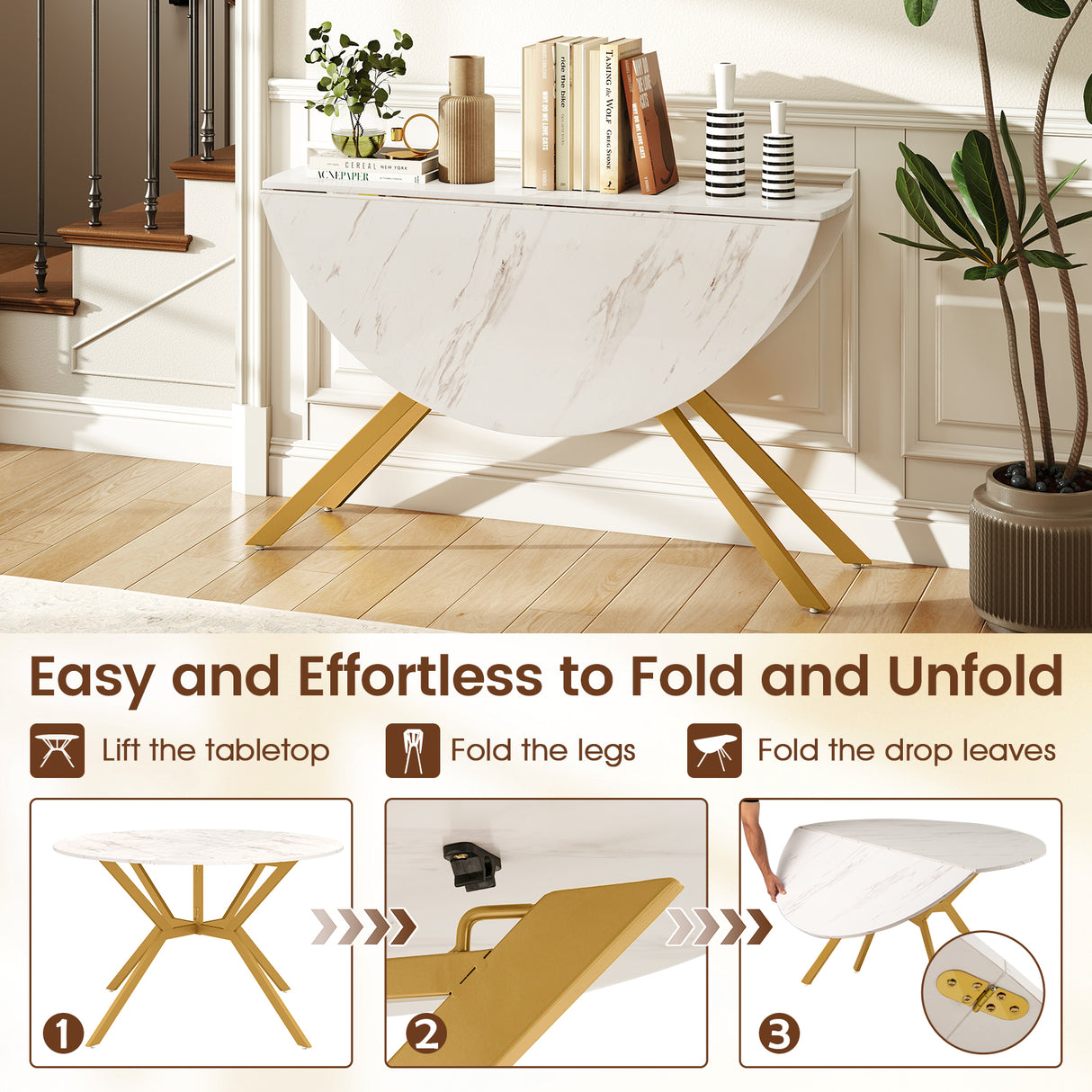 Folding Dining Table 47 Inch Extendable Round Kitchen Table with Drop Leaves-White