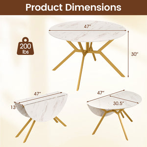 Folding Dining Table 47 Inch Extendable Round Kitchen Table with Drop Leaves-White