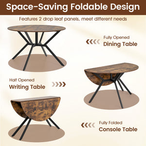 Folding Dining Table 47 Inch Extendable Round Kitchen Table with Drop Leaves-Rustic Brown