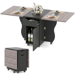 Folding Dining Table 3-in-1 Space-Saving Drop Leaf Kitchen Table with Lockable Wheels-Black