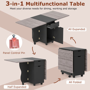 Folding Dining Table 3-in-1 Space-Saving Drop Leaf Kitchen Table with Lockable Wheels-Black