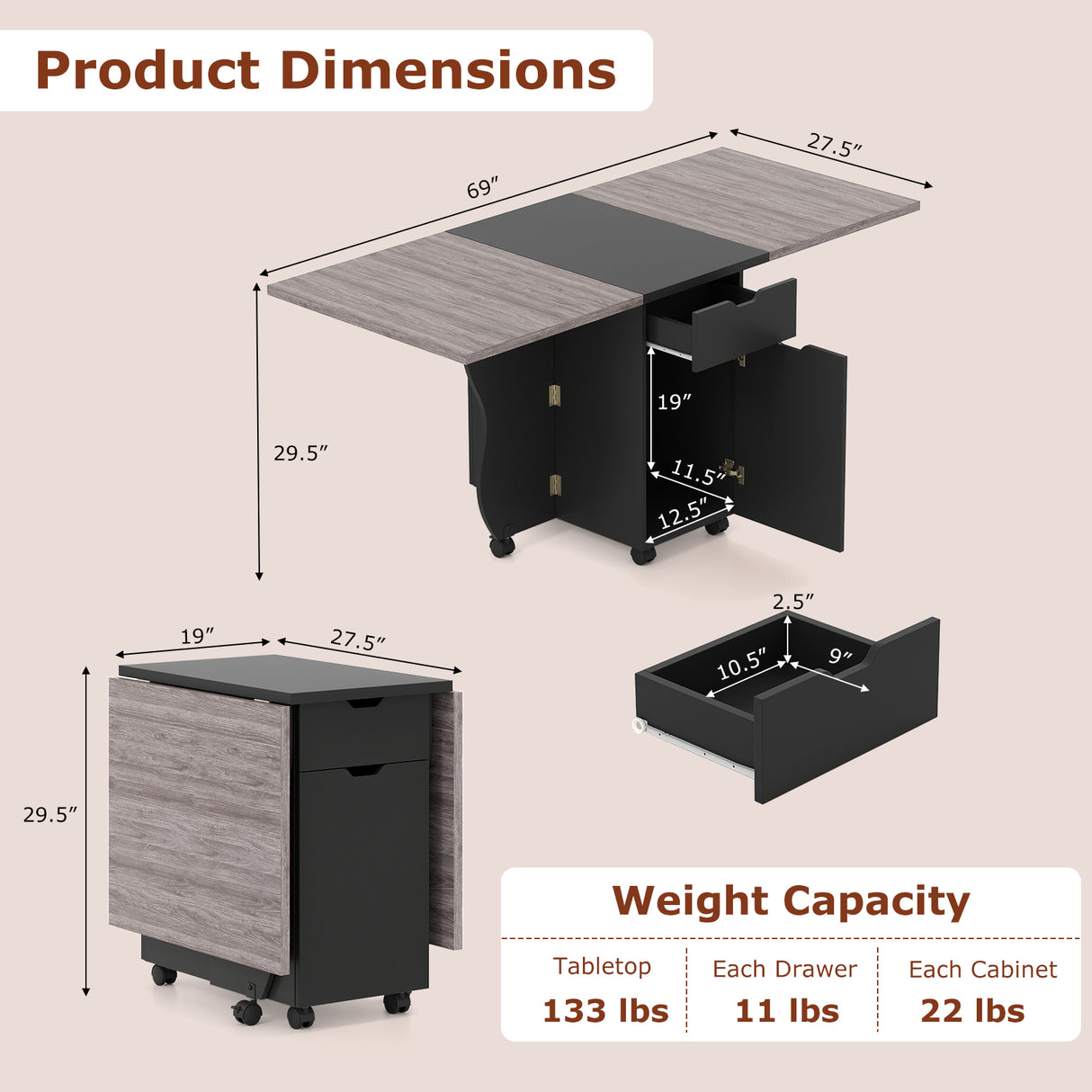 Folding Dining Table 3-in-1 Space-Saving Drop Leaf Kitchen Table with Lockable Wheels-Black