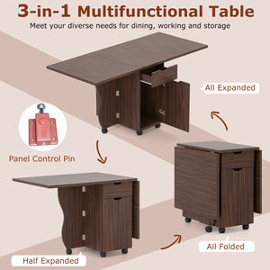 Folding Dining Table 3-in-1 Space-Saving Drop Leaf Kitchen Table with Lockable Wheels-Walnut