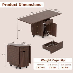 Folding Dining Table 3-in-1 Space-Saving Drop Leaf Kitchen Table with Lockable Wheels-Walnut