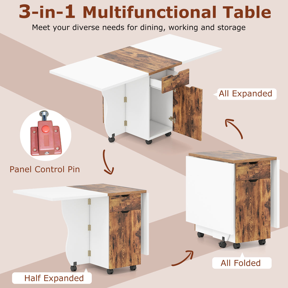 Folding Dining Table 3-in-1 Space-Saving Drop Leaf Kitchen Table with Lockable Wheels-Brown