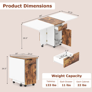 Folding Dining Table 3-in-1 Space-Saving Drop Leaf Kitchen Table with Lockable Wheels-Brown