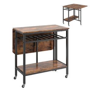 Folding Dining Table with Expandable Laptop with Wine Rack and Wheels-Rustic Brown