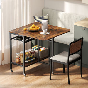 Folding Dining Table with Expandable Laptop with Wine Rack and Wheels-Rustic Brown