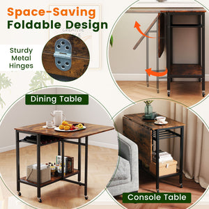 Folding Dining Table with Expandable Laptop with Wine Rack and Wheels-Rustic Brown