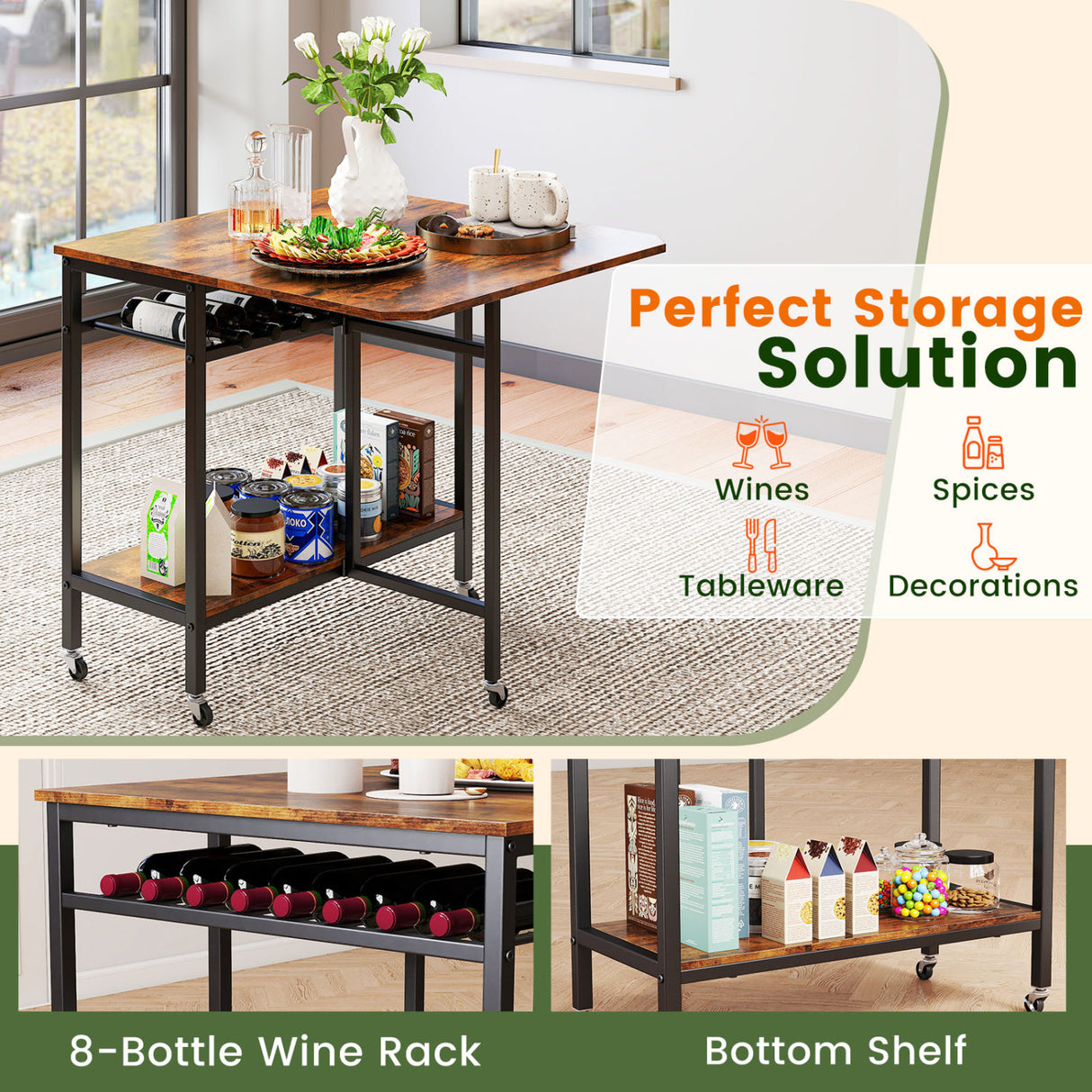 Folding Dining Table with Expandable Laptop with Wine Rack and Wheels-Rustic Brown