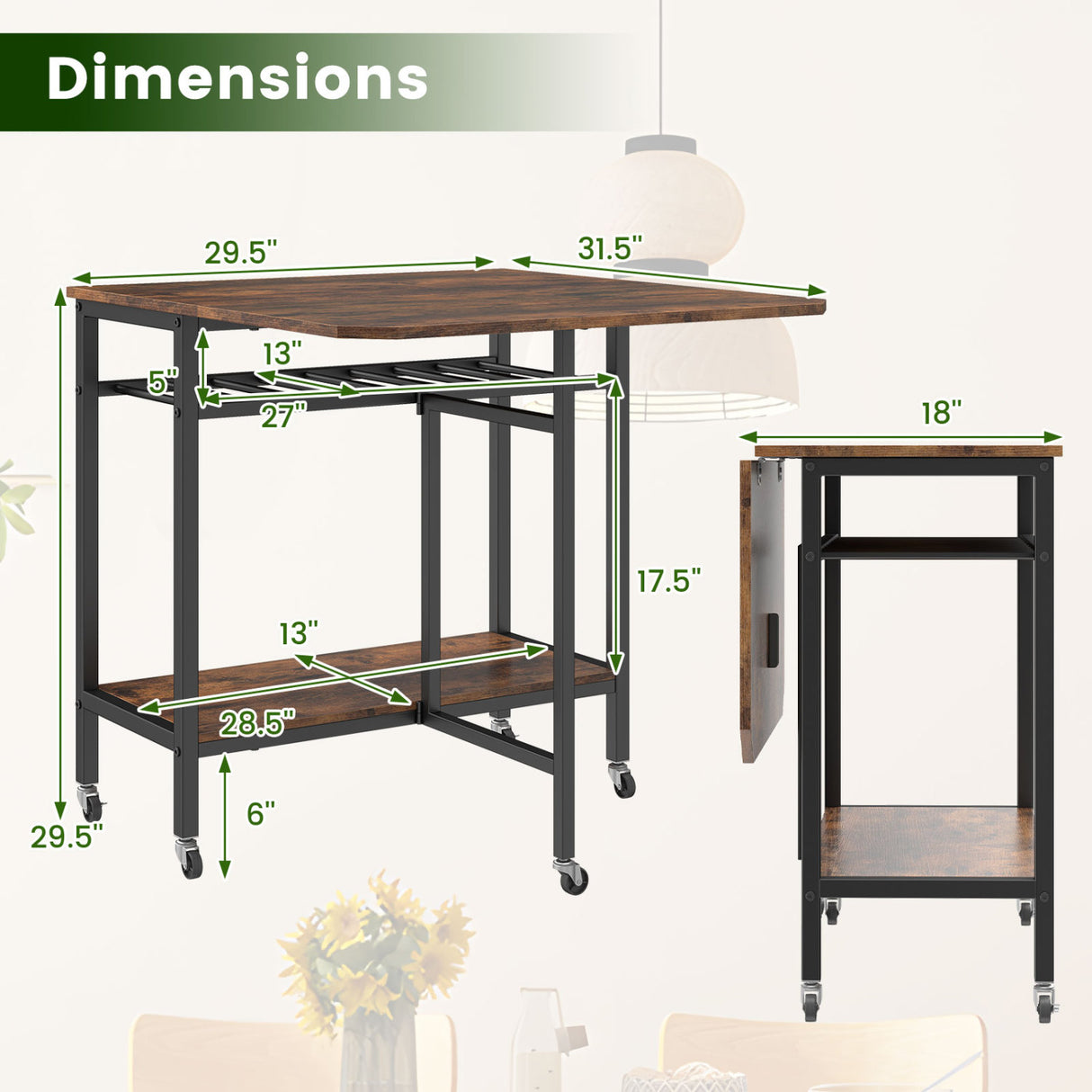 Folding Dining Table with Expandable Laptop with Wine Rack and Wheels-Rustic Brown