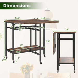 Folding Dining Table with Expandable Laptop with Wine Rack and Wheels-Rustic Brown