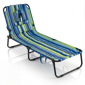Folding Face Down Tanning Chair with Face Hole 3 Removable Pillows-Blue Stripe