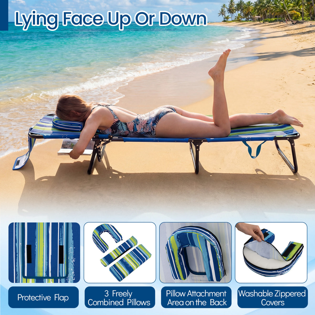 Folding Face Down Tanning Chair with Face Hole 3 Removable Pillows-Blue Stripe