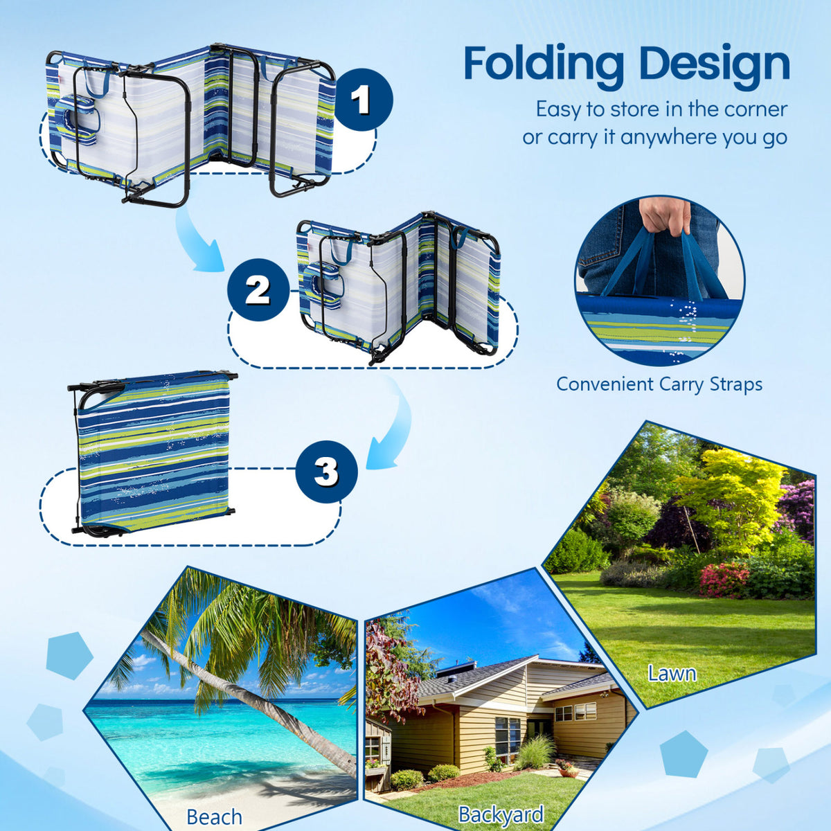 Folding Face Down Tanning Chair with Face Hole 3 Removable Pillows-Blue Stripe