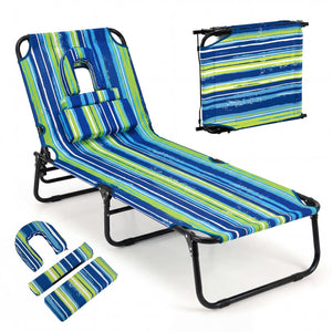 Folding Face Down Tanning Chair with Face Hole 3 Removable Pillows-Blue Stripe