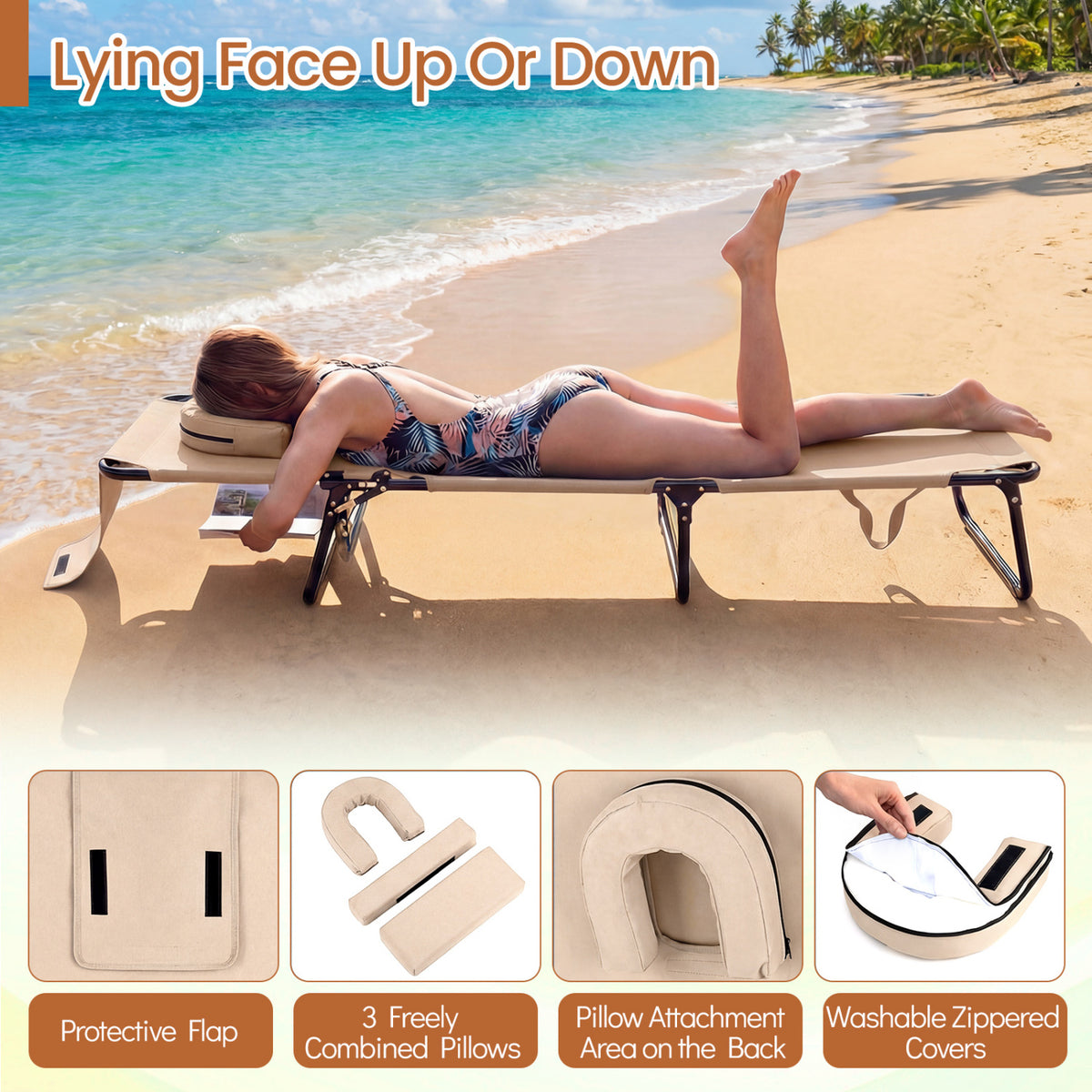 Folding Face Down Tanning Chair with Face Hole 3 Removable Pillows-Beige