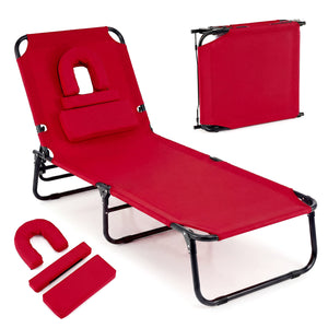 Folding Face Down Tanning Chair with Face Hole 3 Removable Pillows-Red