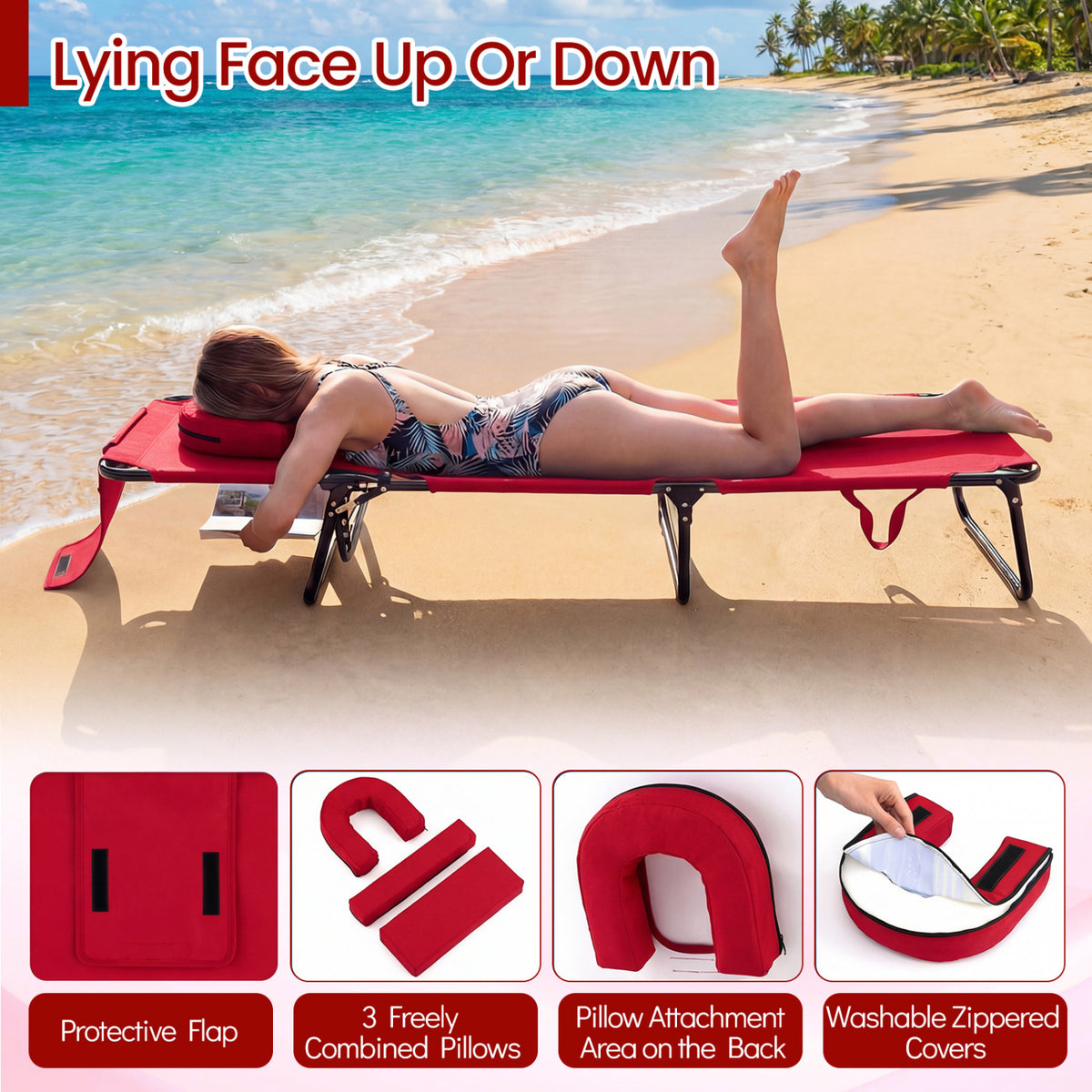 Folding Face Down Tanning Chair with Face Hole 3 Removable Pillows-Red