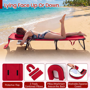 Folding Face Down Tanning Chair with Face Hole 3 Removable Pillows-Red