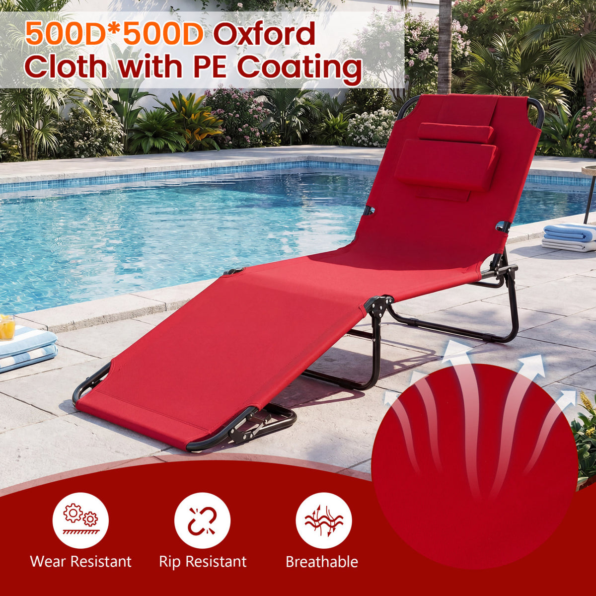 Folding Face Down Tanning Chair with Face Hole 3 Removable Pillows-Red