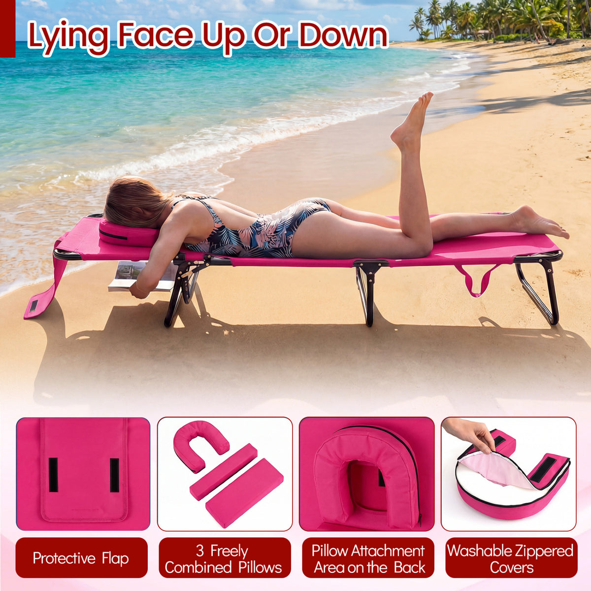 Folding Face Down Tanning Chair with Face Hole 3 Removable Pillows-Pink