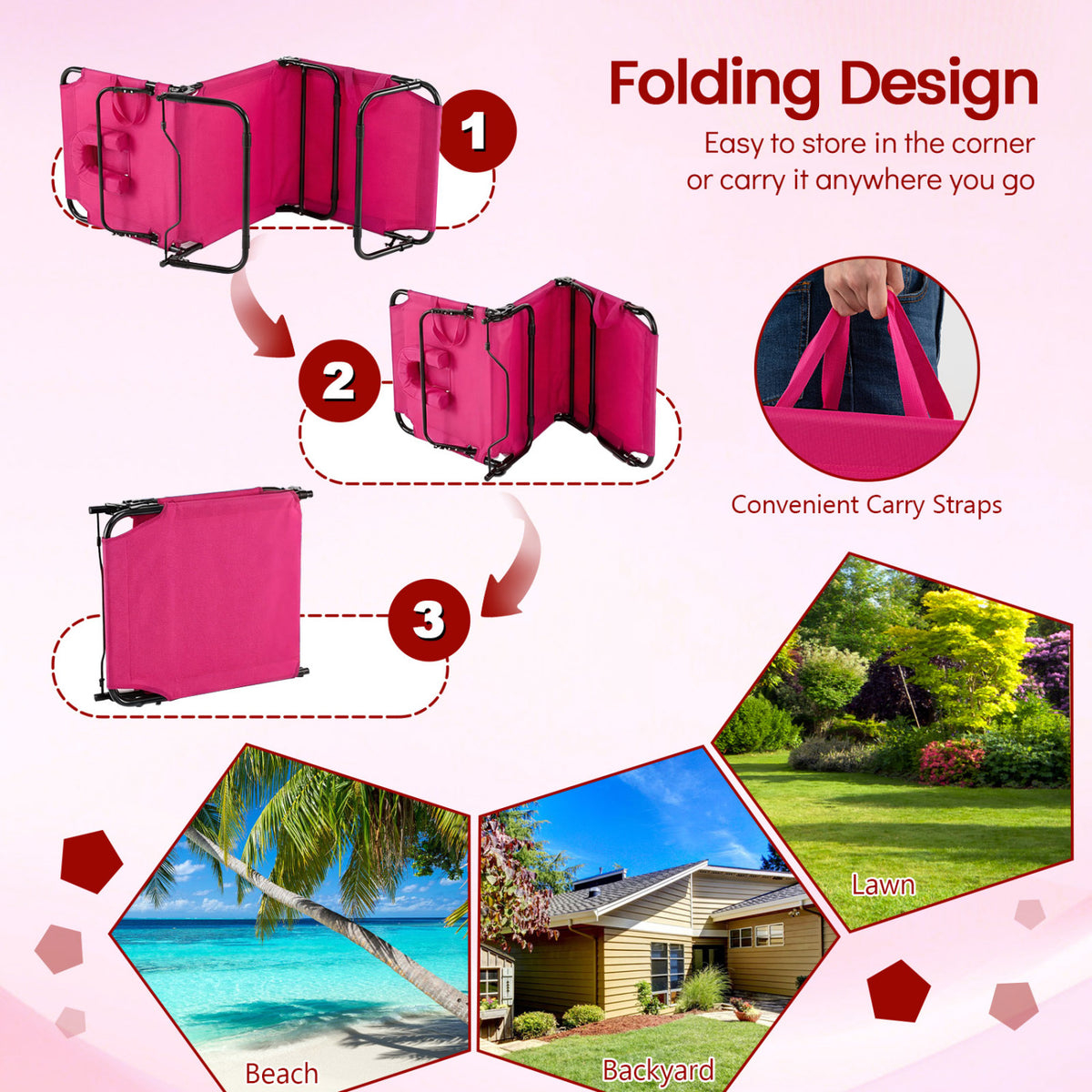 Folding Face Down Tanning Chair with Face Hole 3 Removable Pillows-Pink