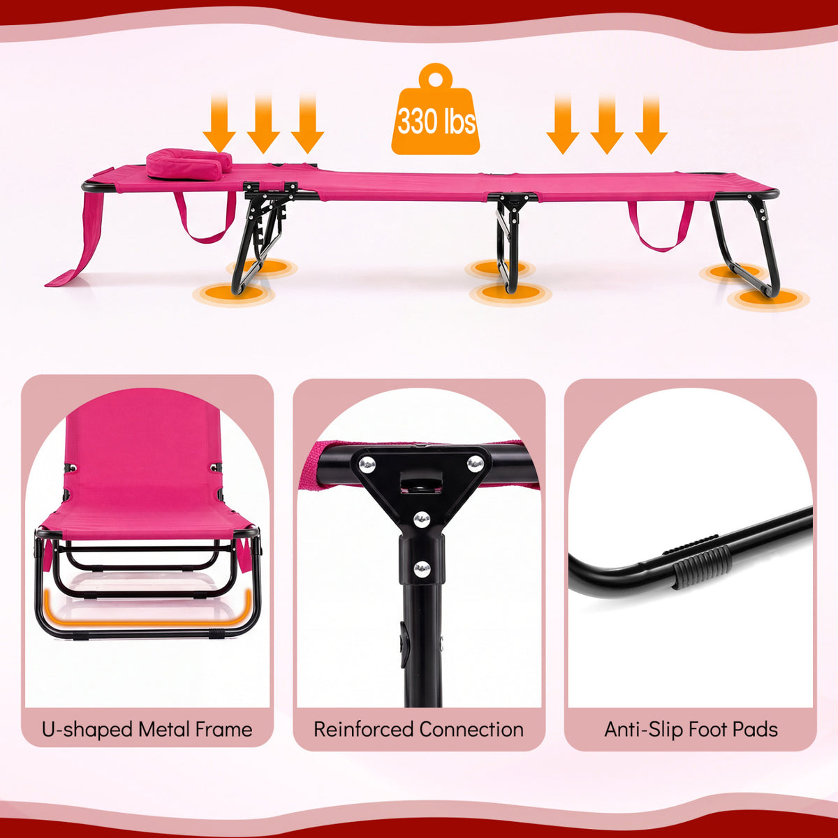 Folding Face Down Tanning Chair with Face Hole 3 Removable Pillows-Pink
