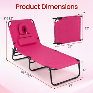 Folding Face Down Tanning Chair with Face Hole 3 Removable Pillows-Pink