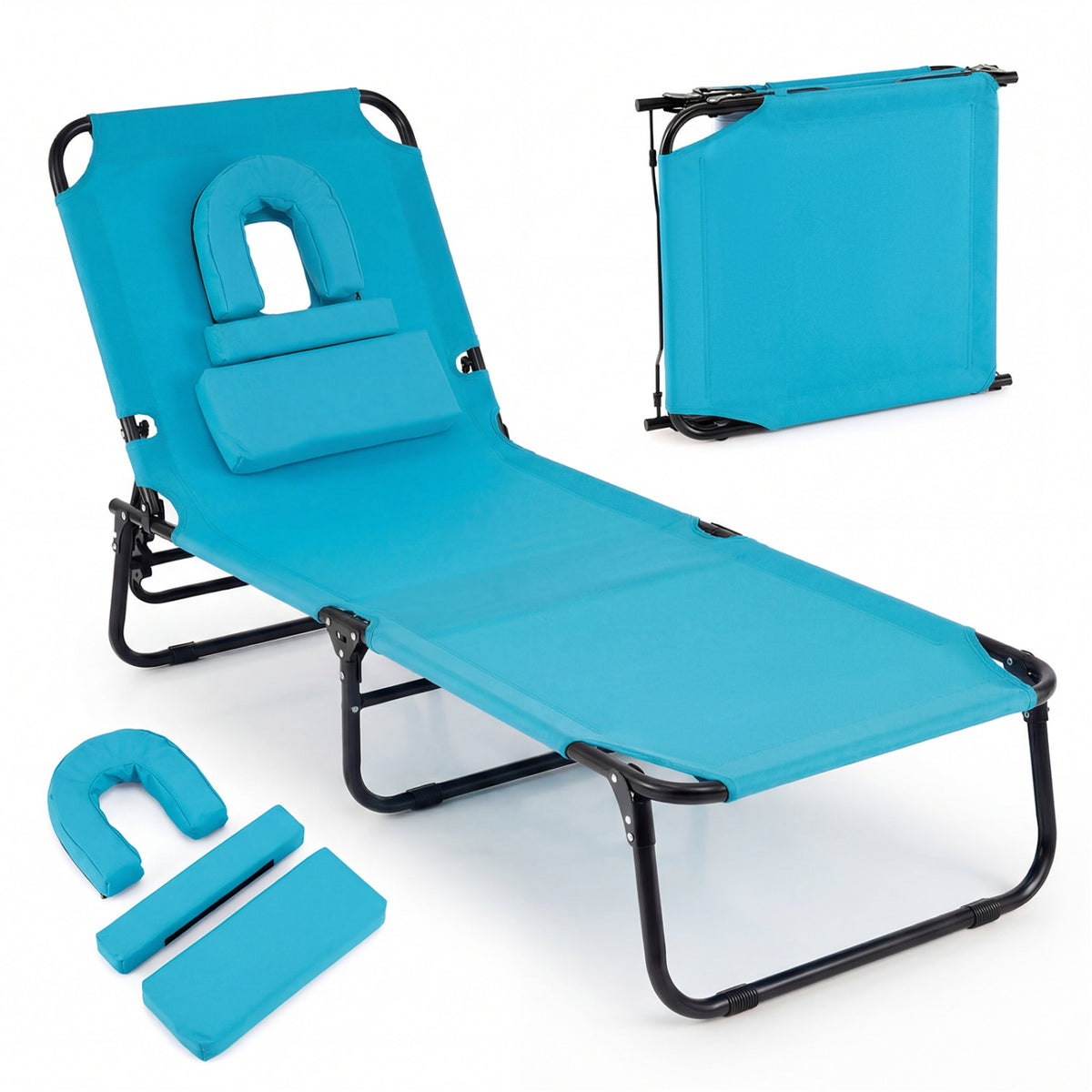 Folding Face Down Tanning Chair with Face Hole 3 Removable Pillows-Turquoise