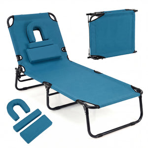 Folding Face Down Tanning Chair with Face Hole 3 Removable Pillows-Blue