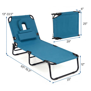 Folding Face Down Tanning Chair with Face Hole 3 Removable Pillows-Blue
