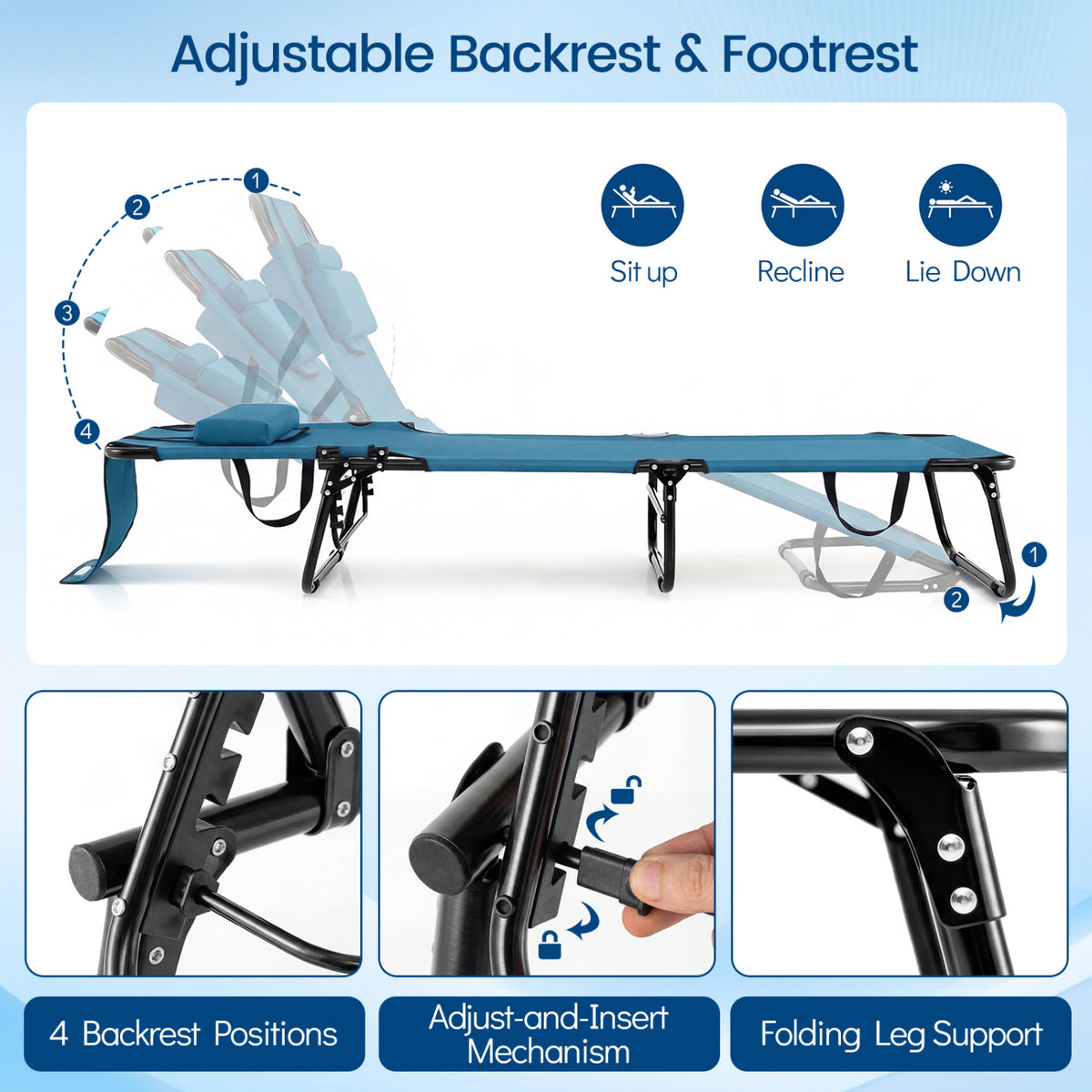 Folding Face Down Tanning Chair with Face Hole 3 Removable Pillows-Blue