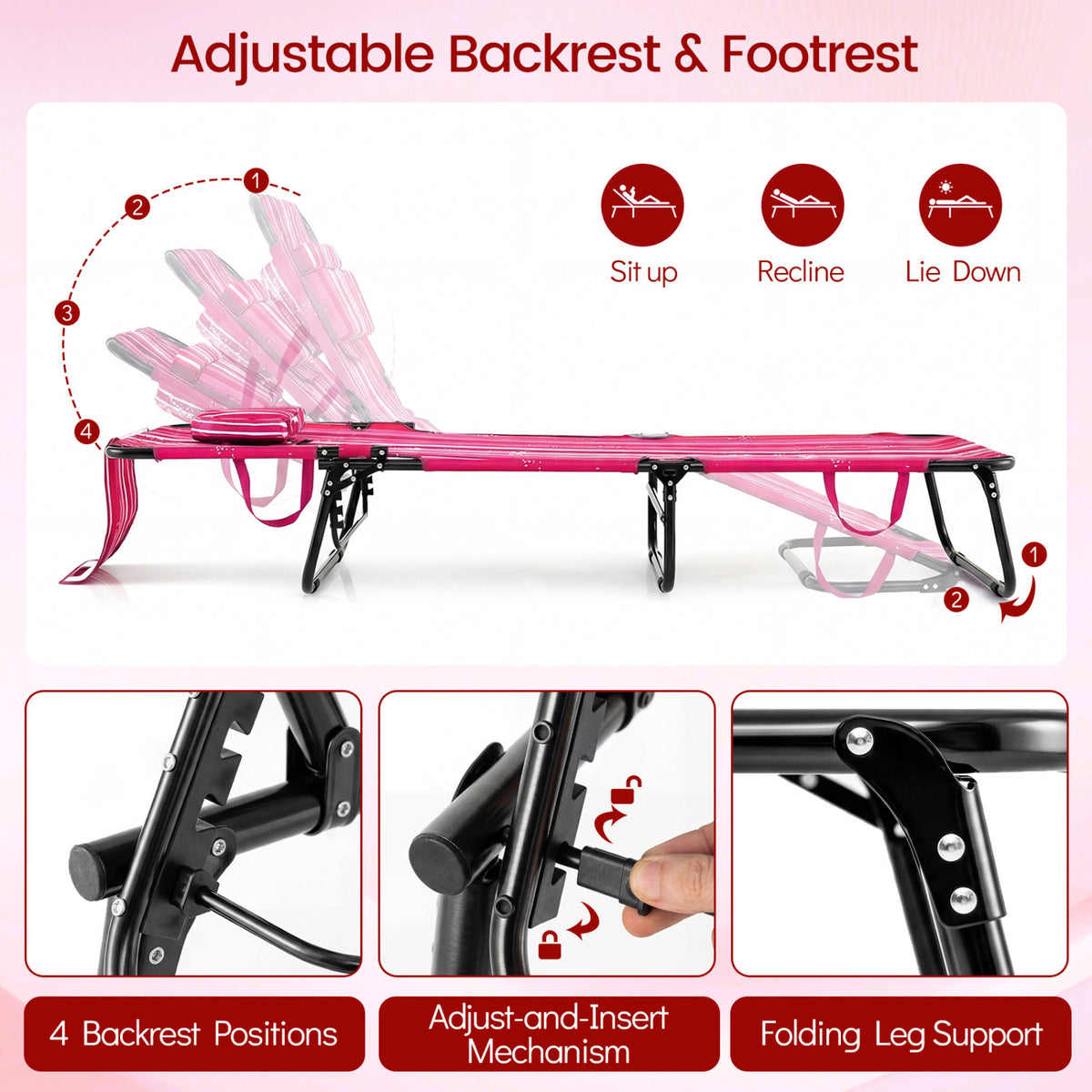 Folding Face Down Tanning Chair with Face Hole 3 Removable Pillows-Pink Stripe