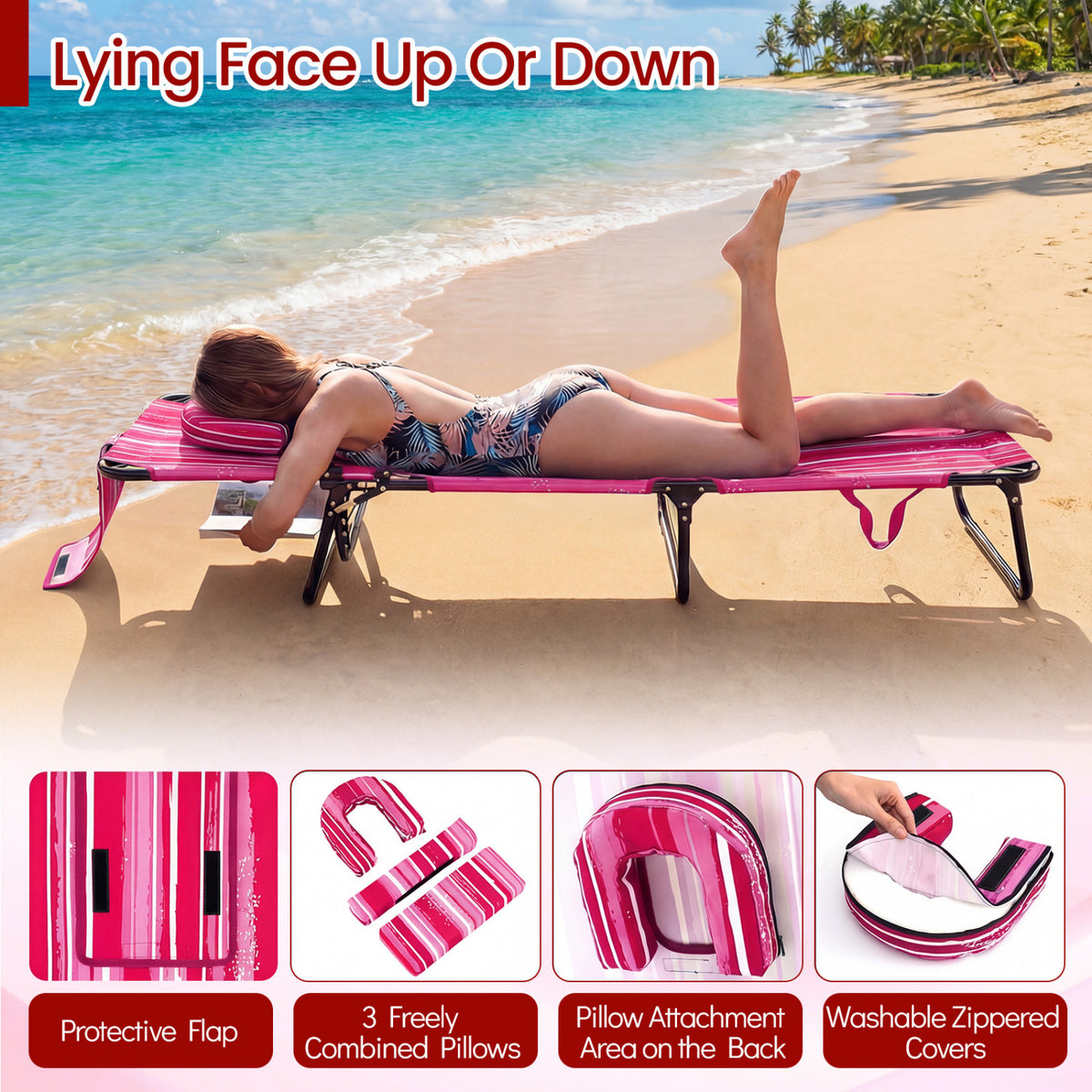 Folding Face Down Tanning Chair with Face Hole 3 Removable Pillows-Pink Stripe