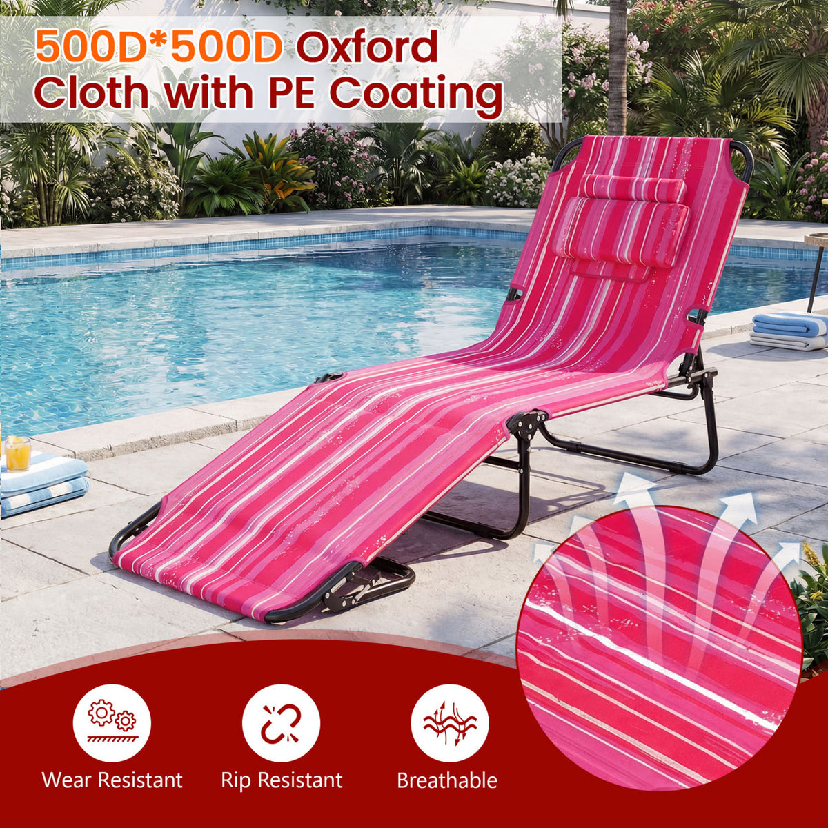 Folding Face Down Tanning Chair with Face Hole 3 Removable Pillows-Pink Stripe