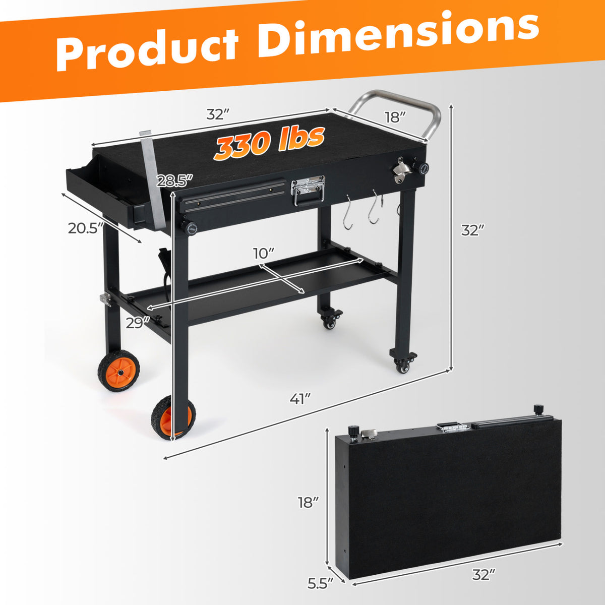 Folding Grill Cart for 17 and 22 Inch Griddles with Heat-Resistant Mat