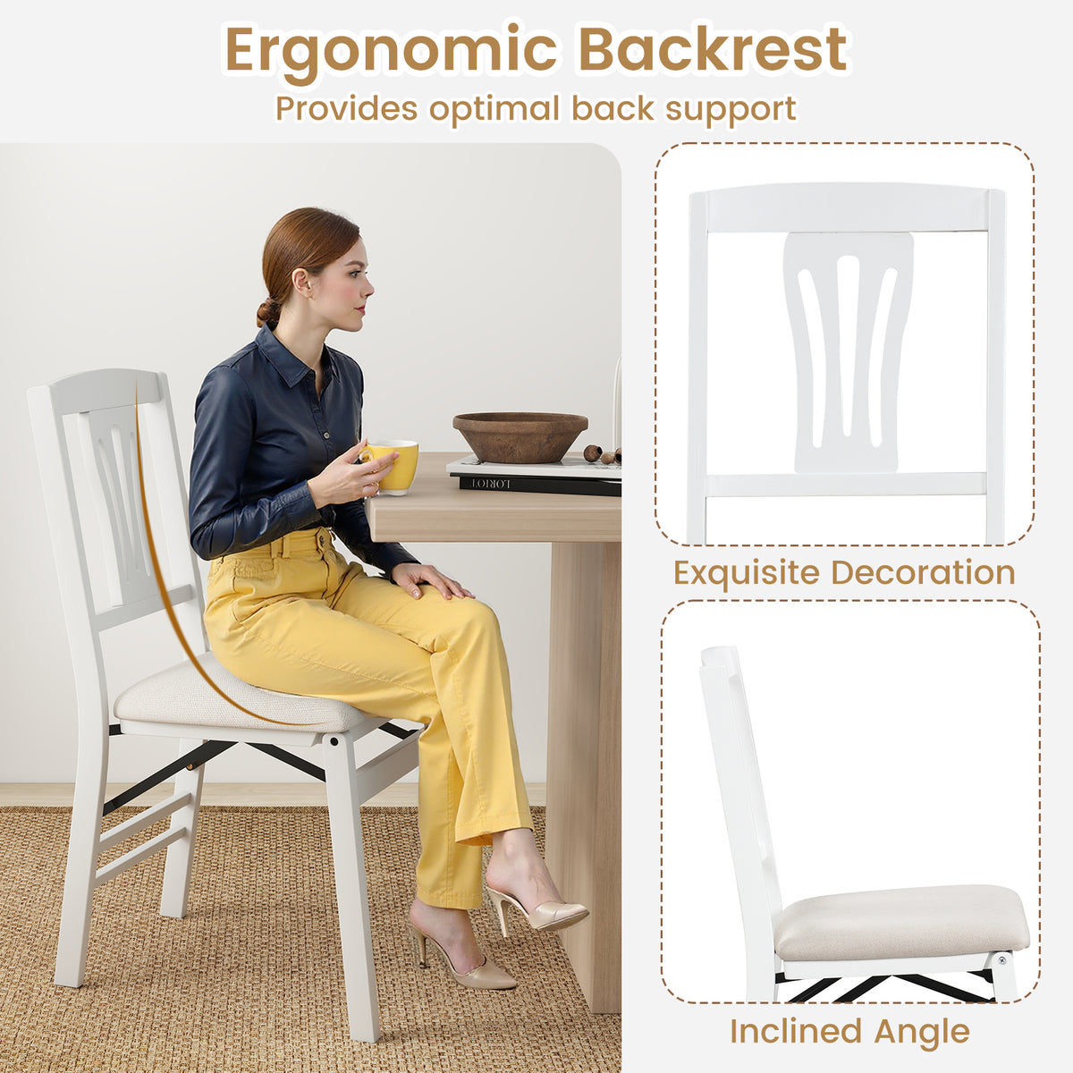 Folding Kitchen Chairs Set of 2 Upholstered Dining Chairs with Comfy Padded Seats-White