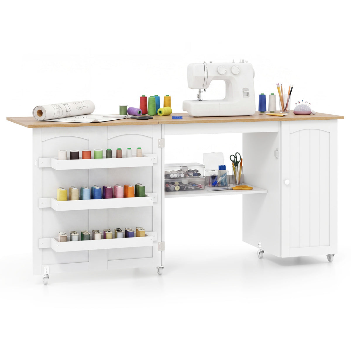 Folding Large Sewing Table Storage Shelves and Lockable Casters-Beige
