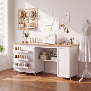 Folding Large Sewing Table Storage Shelves and Lockable Casters-Beige