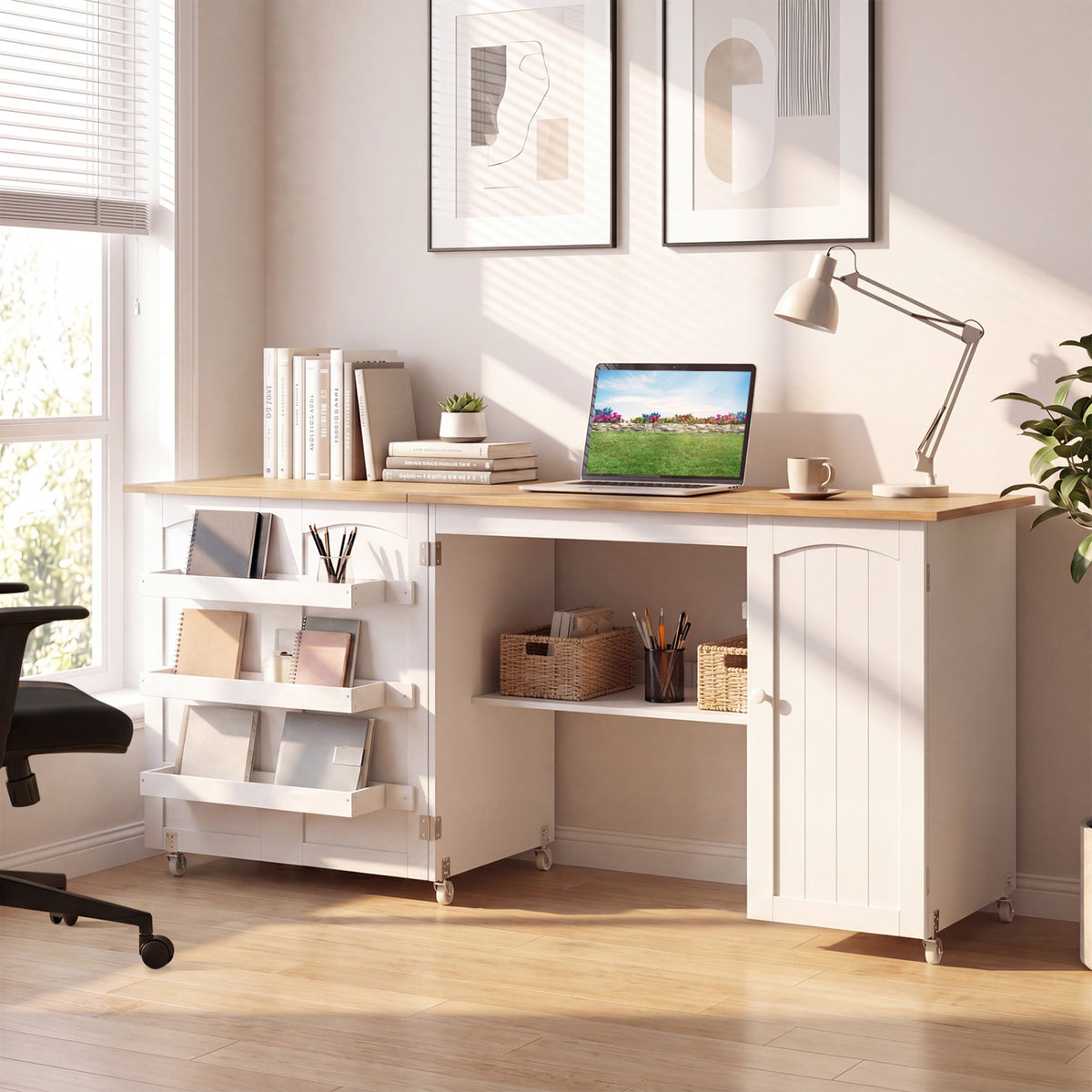 Folding Large Sewing Table Storage Shelves and Lockable Casters-Beige