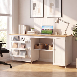 Folding Large Sewing Table Storage Shelves and Lockable Casters-Beige