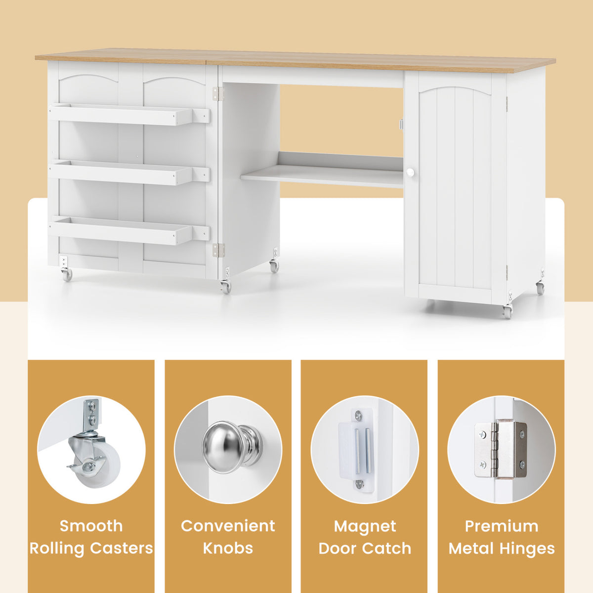 Folding Large Sewing Table Storage Shelves and Lockable Casters-Beige