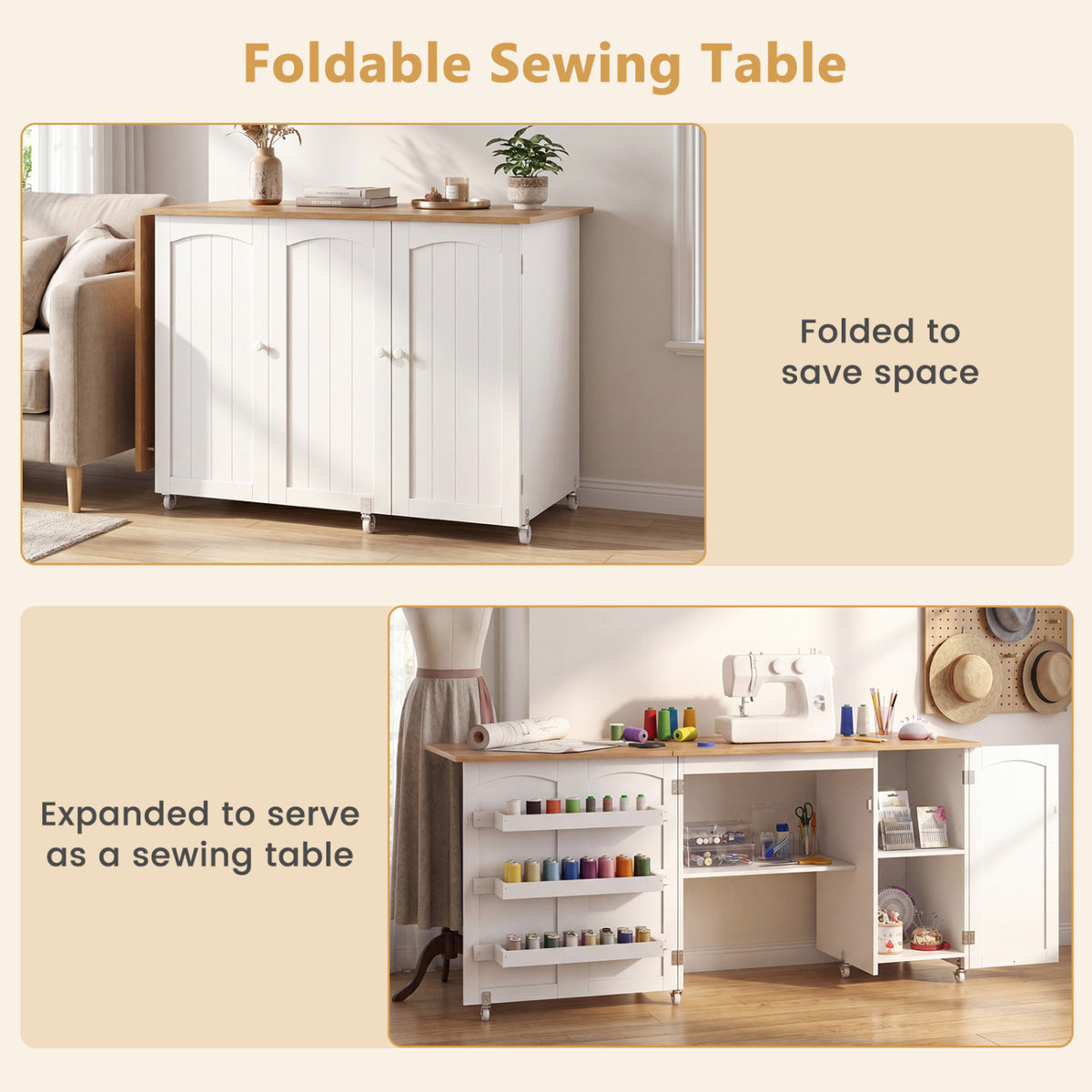 Folding Large Sewing Table Storage Shelves and Lockable Casters-Beige