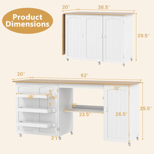 Folding Large Sewing Table Storage Shelves and Lockable Casters-Beige