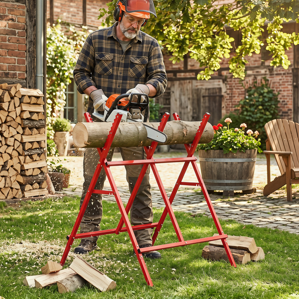 Folding Log Saw Horse with Anti-Slip Sawteeth and Non-Slip Foot Pads Heavy Duty-Red