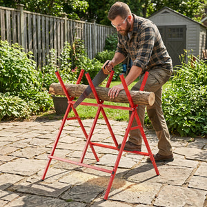 Folding Log Saw Horse with Anti-Slip Sawteeth and Non-Slip Foot Pads Heavy Duty-Red