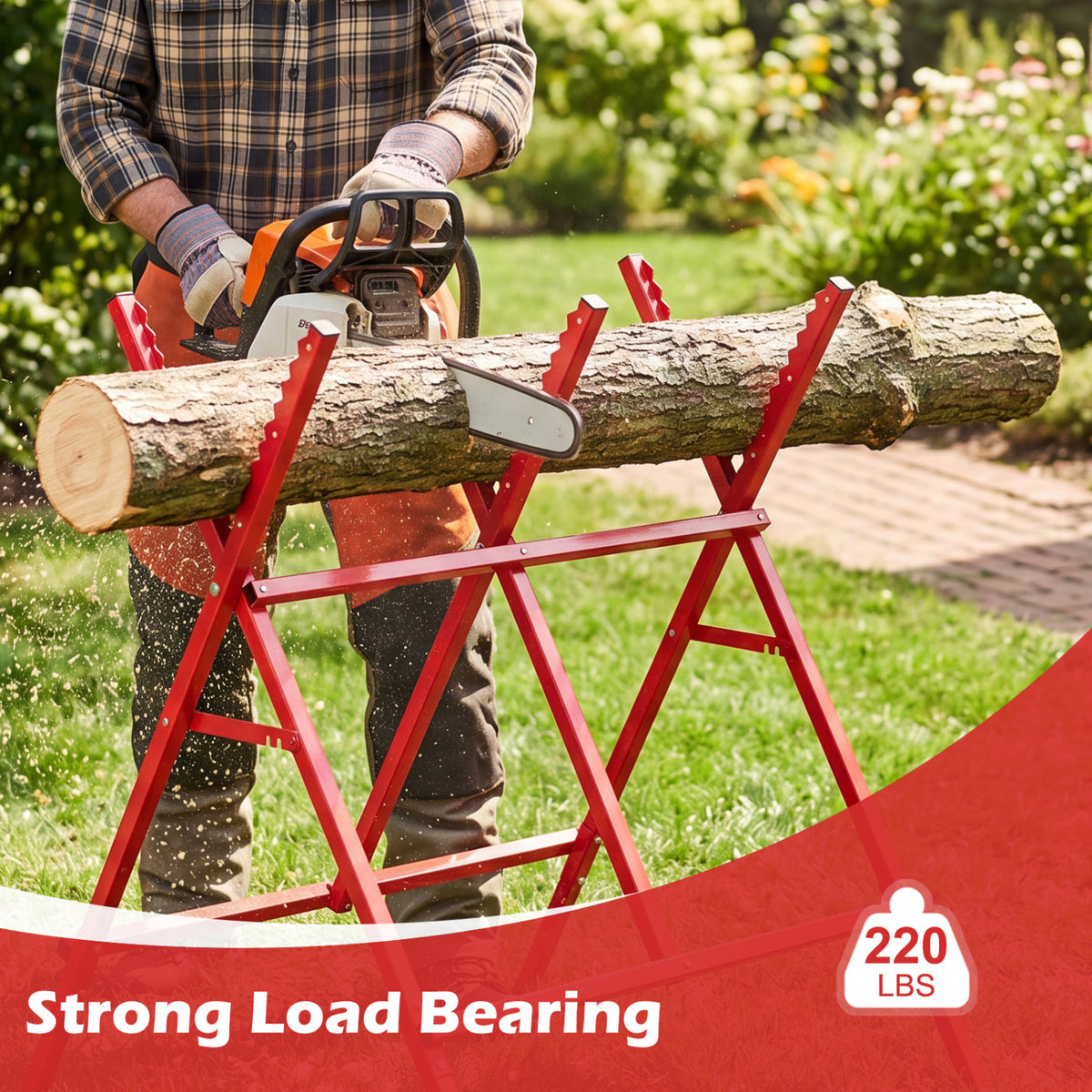 Folding Log Saw Horse with Anti-Slip Sawteeth and Non-Slip Foot Pads Heavy Duty-Red